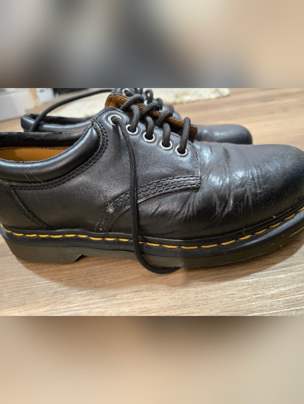 Dr Martens Vintage Black Leather Lace-Up Men's Shoes with Yellow Stitching 8 Men